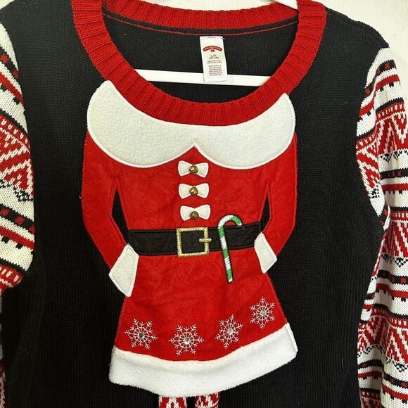 Women’s Holiday Time Ugly Christmas Elf  Sweater Bells Bling Swinging Legs Large - Picture 5 of 11